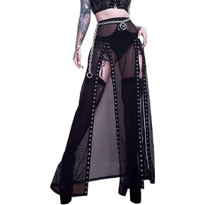 Goth Double Slit Maxi Skirt for Women Punk Black See Through Sheer Mesh Long Split Skirts