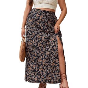 Floerns Women's Plus Size Boho Floral High Waist Split Thigh A Line Midi Skirt