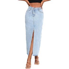 Women's High Waist Maxi Denim Skirt Front Split Frayed Raw Hem A line Casual Long Jean Skirt.