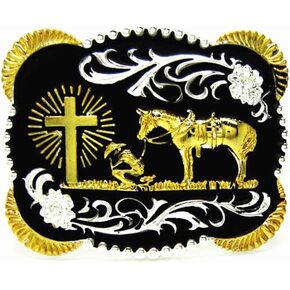 MASOP 3D Rectangle Western Cowboy Horse Prayer Gold Cross Belt Buckle Metal Men