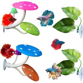 4pcs Betta Fish Leaf Hammock Mushroom Silicone Betta Bed Realistic Betta Resting Spot Betta Aquarium Decor for Small Fish Tank Aquarium Decorations