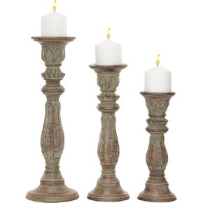 Deco 79 Mango Wood Solid Candle Holder, Set of 3 18", 15", 12"H, Brown