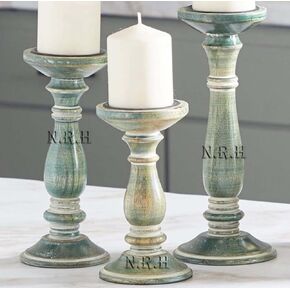 Centerpiece, Pillar Candle Holders Set of 3, Wood Candle Holders, Rustic Pillar Candle Holder, Farmhouse Candle Holders Fireplace Antique Green