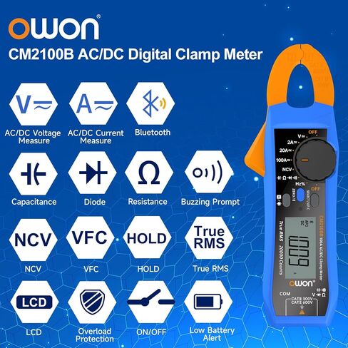 OWON CM2100B Bluetooth Digital Clamp Meter Auto Range 20000 Counts AC/DC Resistance Capacitance Tester Multiple Measurement Functions NCV VFC Diode Overload Protection True RMS Multimeter in Saudi Arabia