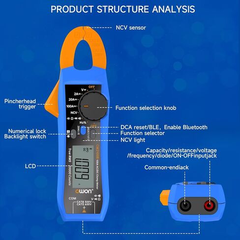 OWON CM2100B Bluetooth Digital Clamp Meter Auto Range 20000 Counts AC/DC Resistance Capacitance Tester Multiple Measurement Functions NCV VFC Diode Overload Protection True RMS Multimeter in Saudi Arabia