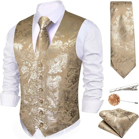Mens Shiny Paisley Printed Vest Tie Set Business Suit Waistcoat Formal Flower Silk V-Neck 5PCS for Tuxedo or Wedding in Saudi Arabia