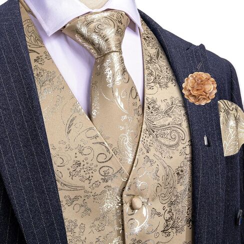 Mens Shiny Paisley Printed Vest Tie Set Business Suit Waistcoat Formal Flower Silk V-Neck 5PCS for Tuxedo or Wedding in Saudi Arabia