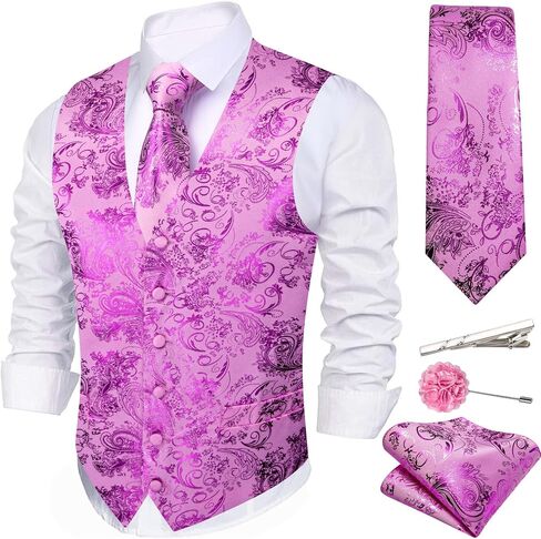 Mens Shiny Paisley Printed Vest Tie Set Business Suit Waistcoat Formal Flower Silk V-Neck 5PCS for Tuxedo or Wedding in Saudi Arabia