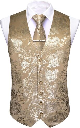 Mens Shiny Paisley Printed Vest Tie Set Business Suit Waistcoat Formal Flower Silk V-Neck 5PCS for Tuxedo or Wedding in Saudi Arabia