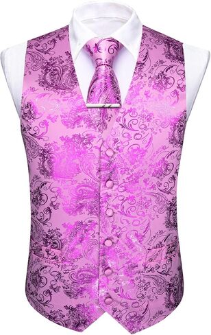Mens Shiny Paisley Printed Vest Tie Set Business Suit Waistcoat Formal Flower Silk V-Neck 5PCS for Tuxedo or Wedding in Saudi Arabia