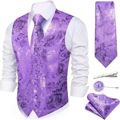 Mens Shiny Paisley Printed Vest Tie Set Business Suit Waistcoat Formal Flower Silk V-Neck 5PCS for Tuxedo or Wedding in Saudi Arabia