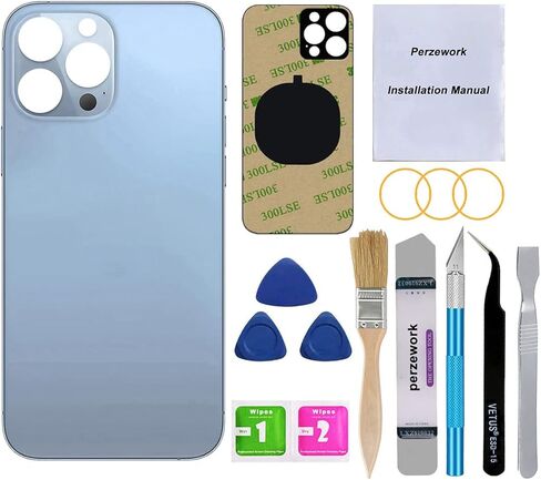 استبدال الزجاج الخلفي الخلفي من شركة Perzework OEM متوافق مع iPhone 13 pro max 6.7 بوصة جميع الحاملات مع أدوات لاصقة مثبتة مسبقًا وأدوات إصلاح احترافية (أزرق) in Kuwait