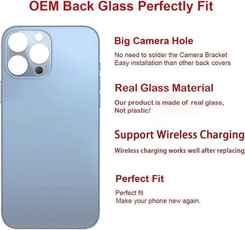 استبدال الزجاج الخلفي الخلفي من شركة Perzework OEM متوافق مع iPhone 13 pro max 6.7 بوصة جميع الحاملات مع أدوات لاصقة مثبتة مسبقًا وأدوات إصلاح احترافية (أزرق) in Kuwait