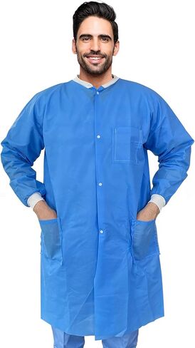 AMZ Medical Supply معاطف مختبر للاستعمال مرة واحدة للبالغين، مقاس كبير، عبوة من 10 معاطف مختبرية للرسائل النصية القصيرة، ملابس طبية للاستعمال مرة واحدة مقاومة للسوائل 40 جرامًا في المتر المربع مع أزرار كبس أمامية، وياقة وأصفاد محبوكة، 3 جيوب in Kuwait