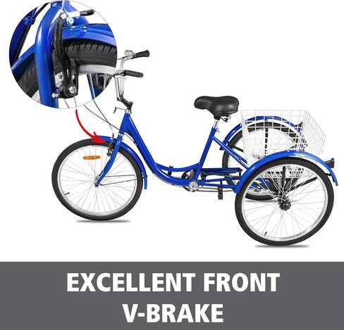 دراجة ثلاثية العجلات للكبار من Happybuy دراجة ثلاثية العجلات مقاس 24 بوصة و26 بوصة ومقعد قابل للتعديل مع نظام فرامل الجرس ودراجات سلة الطراد حجم كبير للتسوق in Kuwait