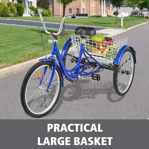 دراجة ثلاثية العجلات للكبار من Happybuy دراجة ثلاثية العجلات مقاس 24 بوصة و26 بوصة ومقعد قابل للتعديل مع نظام فرامل الجرس ودراجات سلة الطراد حجم كبير للتسوق in Kuwait