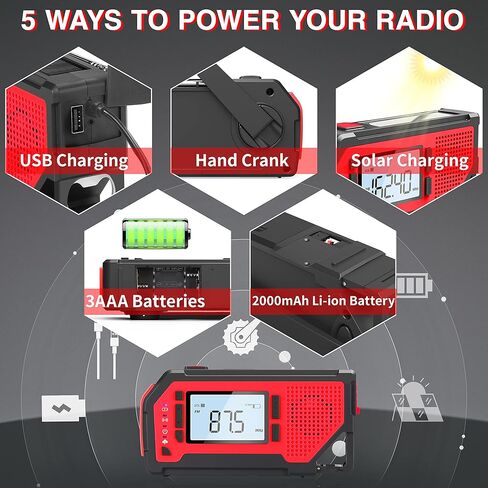 راديو الطوارئ راديو تنبيه الطقس راديو الطاقة الشمسية راديو كرنك اليد AM/FM/NOAA راديو الطقس للمنزل والخارج، مصباح يدوي LED، مقبس سماعة الأذن، فتاحة زجاجات in Kuwait