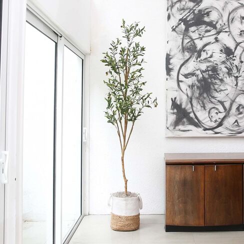 Nearly Natural Olive Tree Artificial Indoor 7FT Tall with Jute Basket Planter Fake Olive Tree for Home & Office Decor, Faux Olive Tree with Natural Wood Trunk, Realistic Olive Tree Branches and Fruit in Saudi Arabia