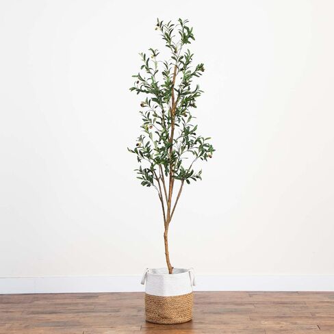 Nearly Natural Olive Tree Artificial Indoor 7FT Tall with Jute Basket Planter Fake Olive Tree for Home & Office Decor, Faux Olive Tree with Natural Wood Trunk, Realistic Olive Tree Branches and Fruit in Saudi Arabia