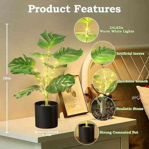 2Pack Fake Plants Palm Tree,18in Artificial Potted Faux Plants 24 LED Fairy Lights with USB Powered Faux Potted Tree for Floor Home Office Table Farmhouse Bedroom Decor in Saudi Arabia