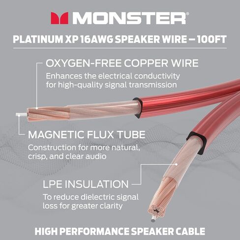 Monster 16 AWG Speaker Wire: Advanced Performance XP Speaker Cable 100 FT Spool with Copper Speaker Wire Clad Aluminum (CCA) Audio Wire Construction - Easy to Strip & Install Speaker Cables in Saudi Arabia