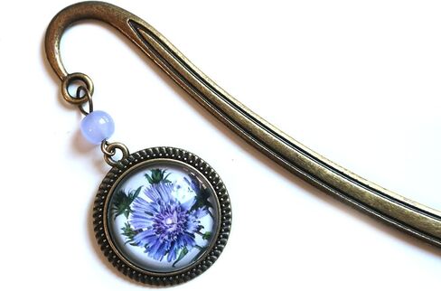 Purple Aster or Bachelors Button Flower Brass Bookmark with Reversed Decoupage Glass Cabochon in Saudi Arabia