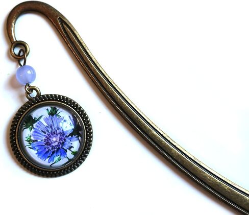 Purple Aster or Bachelors Button Flower Brass Bookmark with Reversed Decoupage Glass Cabochon in Saudi Arabia