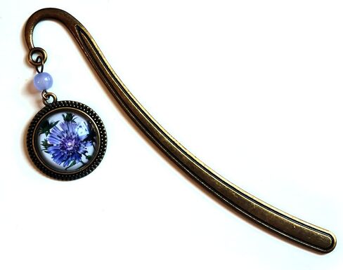 Purple Aster or Bachelors Button Flower Brass Bookmark with Reversed Decoupage Glass Cabochon in Saudi Arabia