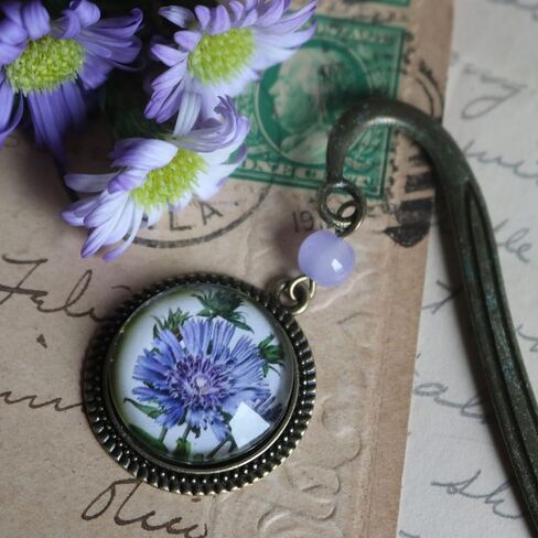Purple Aster or Bachelors Button Flower Brass Bookmark with Reversed Decoupage Glass Cabochon in Saudi Arabia