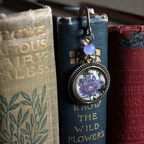Purple Aster or Bachelors Button Flower Brass Bookmark with Reversed Decoupage Glass Cabochon in Saudi Arabia