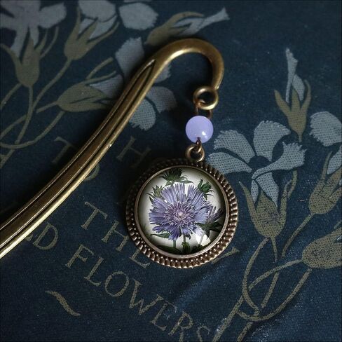 Purple Aster or Bachelors Button Flower Brass Bookmark with Reversed Decoupage Glass Cabochon in Saudi Arabia