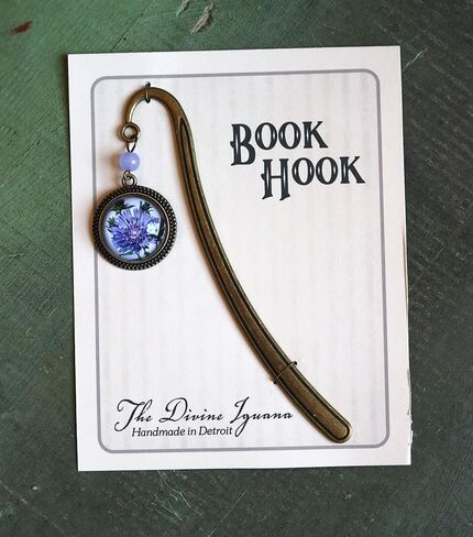 Purple Aster or Bachelors Button Flower Brass Bookmark with Reversed Decoupage Glass Cabochon in Saudi Arabia