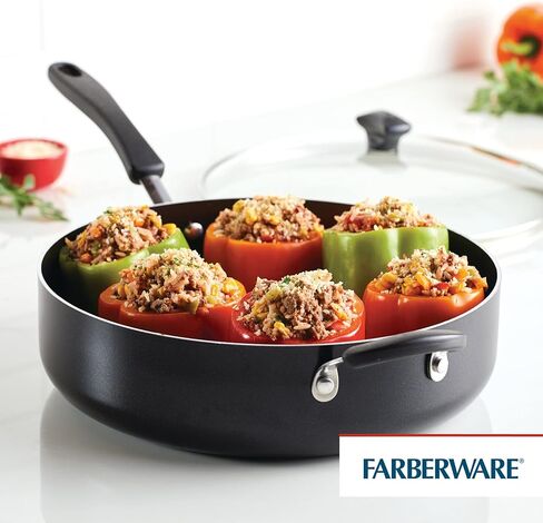طباخ Farberware Cookstart DiamondMax غير لاصق مع غطاء ومقبض مساعد، آمن للاستخدام في غسالة الأطباق، 6 كوارت، أسود in Kuwait