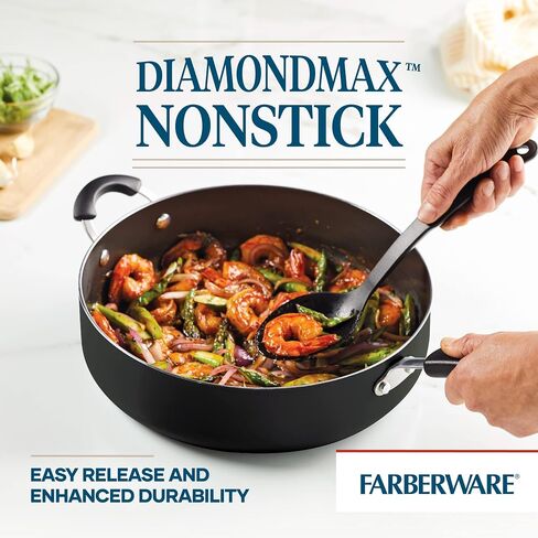 طباخ Farberware Cookstart DiamondMax غير لاصق مع غطاء ومقبض مساعد، آمن للاستخدام في غسالة الأطباق، 6 كوارت، أسود in Kuwait