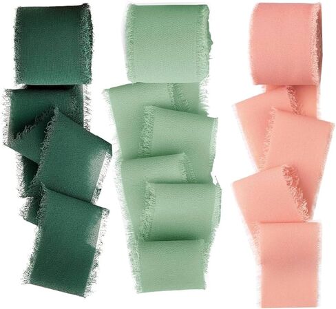 Chiffon Ribbon 3 Rolls Handmade Fringe Chiffon Silk Ribbon 21 Yard 1.5" Coral Ice & Green Ribbons Set for Wedding Invitations Bridal Bouquets Gifts Wrapping DIY Crafts Baby Shower Invitations in Kuwait