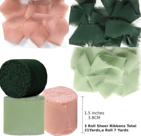 Chiffon Ribbon 3 Rolls Handmade Fringe Chiffon Silk Ribbon 21 Yard 1.5" Coral Ice & Green Ribbons Set for Wedding Invitations Bridal Bouquets Gifts Wrapping DIY Crafts Baby Shower Invitations in Kuwait