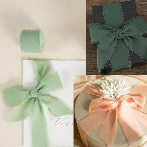 Chiffon Ribbon 3 Rolls Handmade Fringe Chiffon Silk Ribbon 21 Yard 1.5" Coral Ice & Green Ribbons Set for Wedding Invitations Bridal Bouquets Gifts Wrapping DIY Crafts Baby Shower Invitations in Kuwait