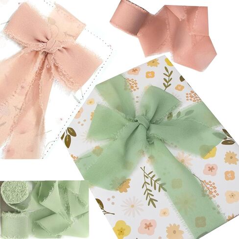 Chiffon Ribbon 3 Rolls Handmade Fringe Chiffon Silk Ribbon 21 Yard 1.5" Coral Ice & Green Ribbons Set for Wedding Invitations Bridal Bouquets Gifts Wrapping DIY Crafts Baby Shower Invitations in Kuwait