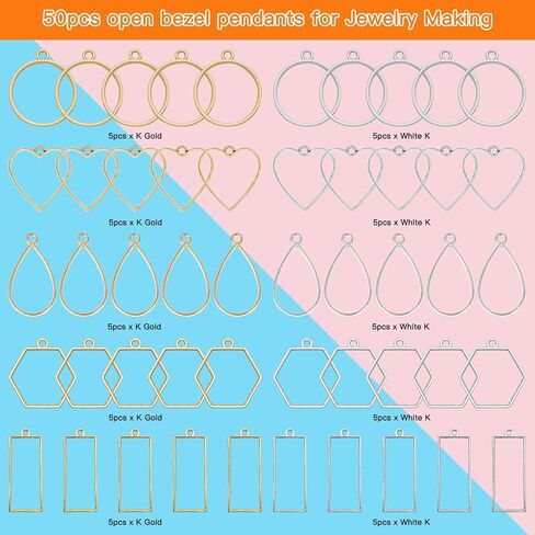 50pcs Open Bezels 5 Styles Open Frame Pendant Open Back Bezel Pendant Geometric Hollow Frame Pendant for Resin Casting, Necklace, Earrings, Pressed Flower, DIY Crafts(White K) in Saudi Arabia