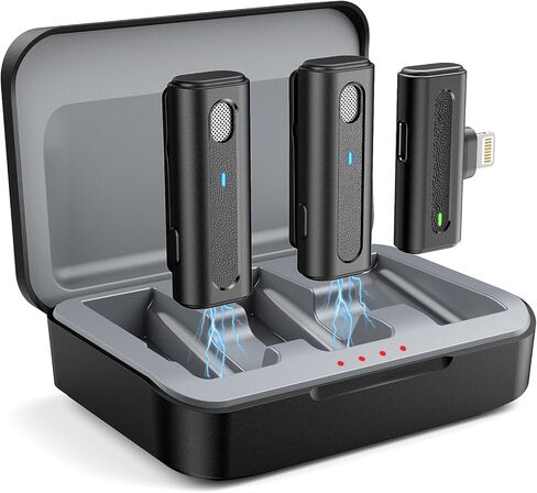 ميكروفون HOPTO اللاسلكي لأجهزة iPhone، قطعتان، مع حقيبة شحن، ميكروفون على شكل طية صدر مع تقليل الضوضاء، ميكروفون صغير للتسجيل/مدونة الفيديو/الفيديو/البث المباشر (أسود) in Kuwait