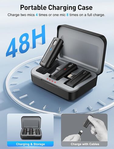 ميكروفون HOPTO اللاسلكي لأجهزة iPhone، قطعتان، مع حقيبة شحن، ميكروفون على شكل طية صدر مع تقليل الضوضاء، ميكروفون صغير للتسجيل/مدونة الفيديو/الفيديو/البث المباشر (أسود) in Kuwait