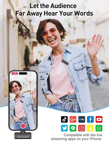 ميكروفون HOPTO اللاسلكي لأجهزة iPhone، قطعتان، مع حقيبة شحن، ميكروفون على شكل طية صدر مع تقليل الضوضاء، ميكروفون صغير للتسجيل/مدونة الفيديو/الفيديو/البث المباشر (أسود) in Kuwait