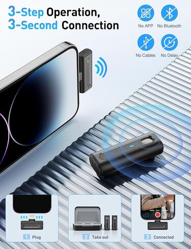 ميكروفون HOPTO اللاسلكي لأجهزة iPhone، قطعتان، مع حقيبة شحن، ميكروفون على شكل طية صدر مع تقليل الضوضاء، ميكروفون صغير للتسجيل/مدونة الفيديو/الفيديو/البث المباشر (أسود) in Kuwait