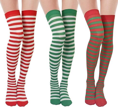3 أزواج من جوارب عيد الميلاد من بيكتيان للنساء، جوارب مخططة فوق الركبة، جوارب كاندي قصب قزم جوارب الفخذ العليا للفتيات والنساء (أحمر، أبيض، أخضر) in Kuwait