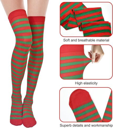 3 أزواج من جوارب عيد الميلاد من بيكتيان للنساء، جوارب مخططة فوق الركبة، جوارب كاندي قصب قزم جوارب الفخذ العليا للفتيات والنساء (أحمر، أبيض، أخضر) in Kuwait