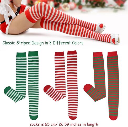 3 أزواج من جوارب عيد الميلاد من بيكتيان للنساء، جوارب مخططة فوق الركبة، جوارب كاندي قصب قزم جوارب الفخذ العليا للفتيات والنساء (أحمر، أبيض، أخضر) in Kuwait