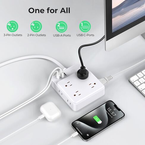 Power Strip with USB,ORICO White Extension Cord 5 Feet, 8 Outlets 3 USB Ports (1 USB C), Ultra Thin Flat Plug, Wall Mount, No Surge Protector Extension Cord Indoor, for Living Room/Bedroom (5FT) in Saudi Arabia