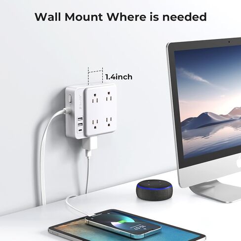 Power Strip with USB,ORICO White Extension Cord 5 Feet, 8 Outlets 3 USB Ports (1 USB C), Ultra Thin Flat Plug, Wall Mount, No Surge Protector Extension Cord Indoor, for Living Room/Bedroom (5FT) in Saudi Arabia