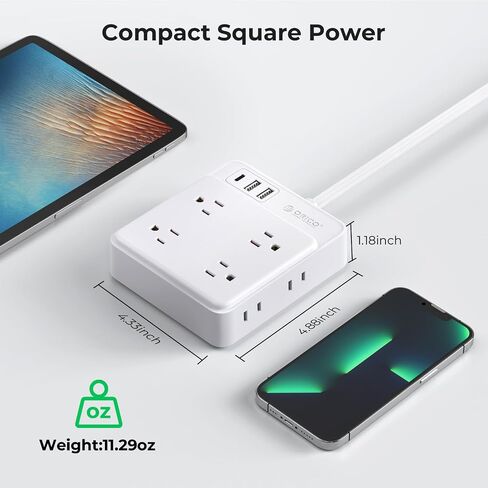 Power Strip with USB,ORICO White Extension Cord 5 Feet, 8 Outlets 3 USB Ports (1 USB C), Ultra Thin Flat Plug, Wall Mount, No Surge Protector Extension Cord Indoor, for Living Room/Bedroom (5FT) in Saudi Arabia
