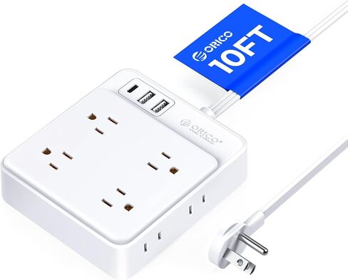 شريط طاقة مع USB، سلك تمديد أبيض من ORICO بطول 5 أقدام، 8 منافذ و3 منافذ USB (1 USB C)، قابس مسطح رفيع للغاية، مثبت على الحائط، لا يوجد سلك تمديد للحماية من زيادة التيار في الداخل، لغرفة المعيشة/غرفة النوم (5 أقدام) in Kuwait